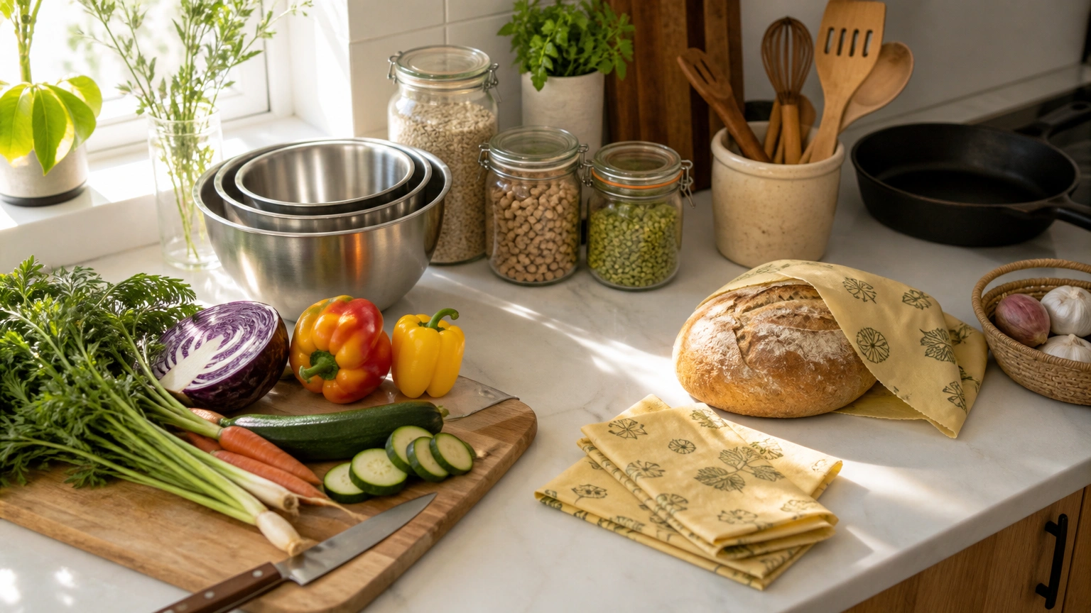 Countertop with stainless steel bowls, wooden board, glass jars, beeswax wraps and bamboo utensils in natural light