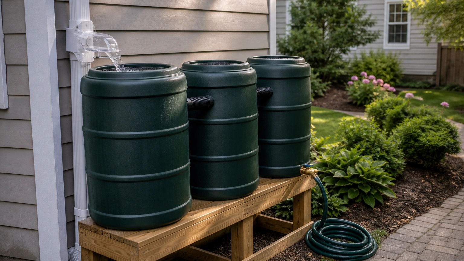 Elevated rain barrel under a downspout with diverter, leaf filter, connectors and brass spigot in a backyard.