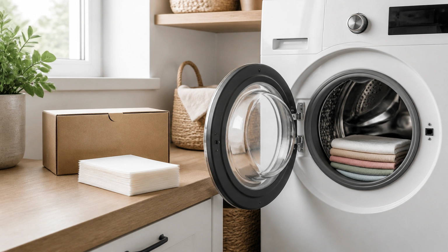 Detergent sheets and recyclable box on a shelf beside a modern washer in a bright laundry room.