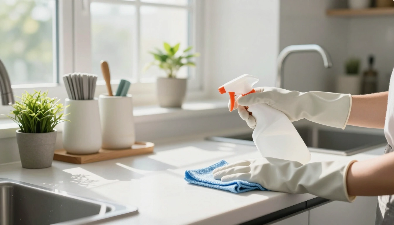 Bright kitchen with a person cleaning using eco-friendly tools and reusable bottles in a sunlit room