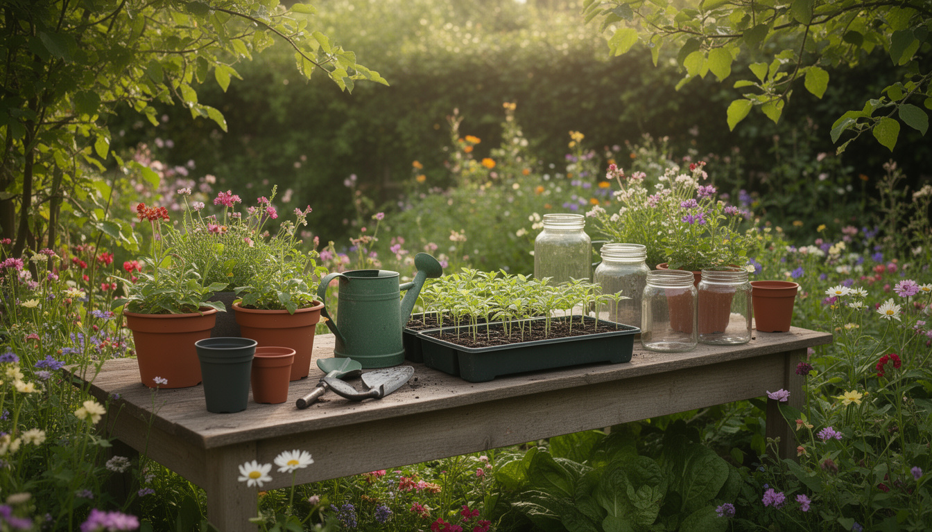 A collection of gardening products arranged on a table in a garden.